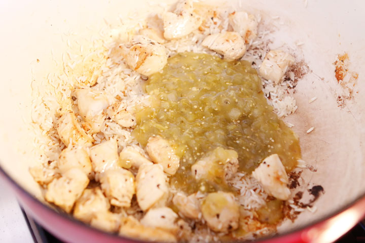 So easy! Only four ingredients. Chicken, rice, salsa verde, and chicken broth (or water). All cooks in one pot, even the rice! Perfect for a quick and easy weeknight meal.