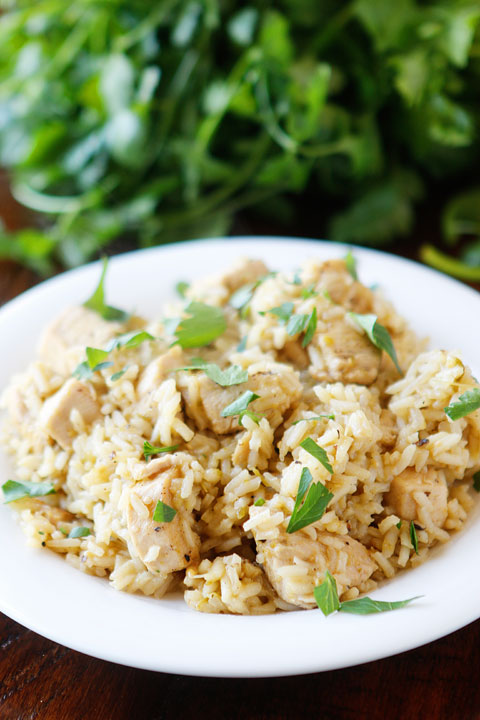 So easy! Only four ingredients. Chicken, rice, salsa verde, and chicken broth (or water). All cooks in one pot, even the rice! Perfect for a quick and easy weeknight meal.