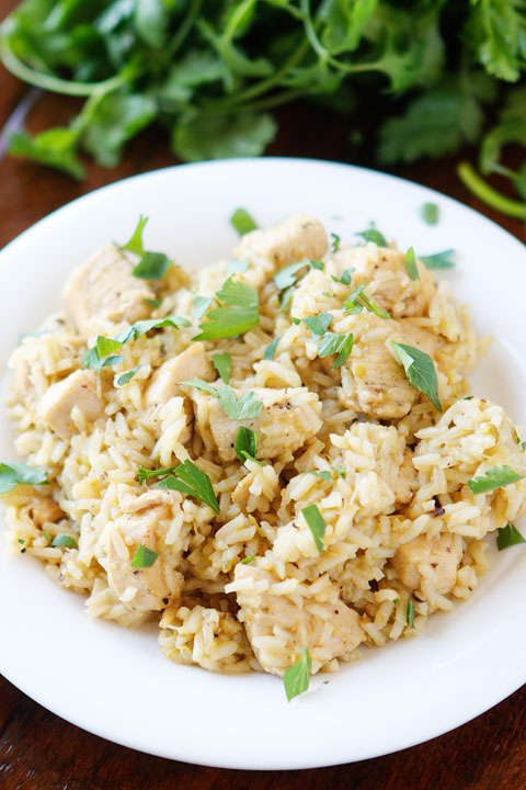 So easy! Only four ingredients. Chicken, rice, salsa verde, and chicken broth (or water). All cooks in one pot, even the rice! Perfect for a quick and easy weeknight meal.