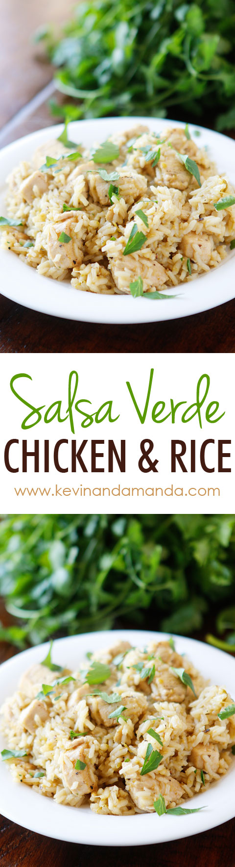 So easy! Only four ingredients. Chicken, rice, salsa verde, and chicken broth (or water). All cooks in one pot, even the rice! Perfect for a quick and easy weeknight meal.