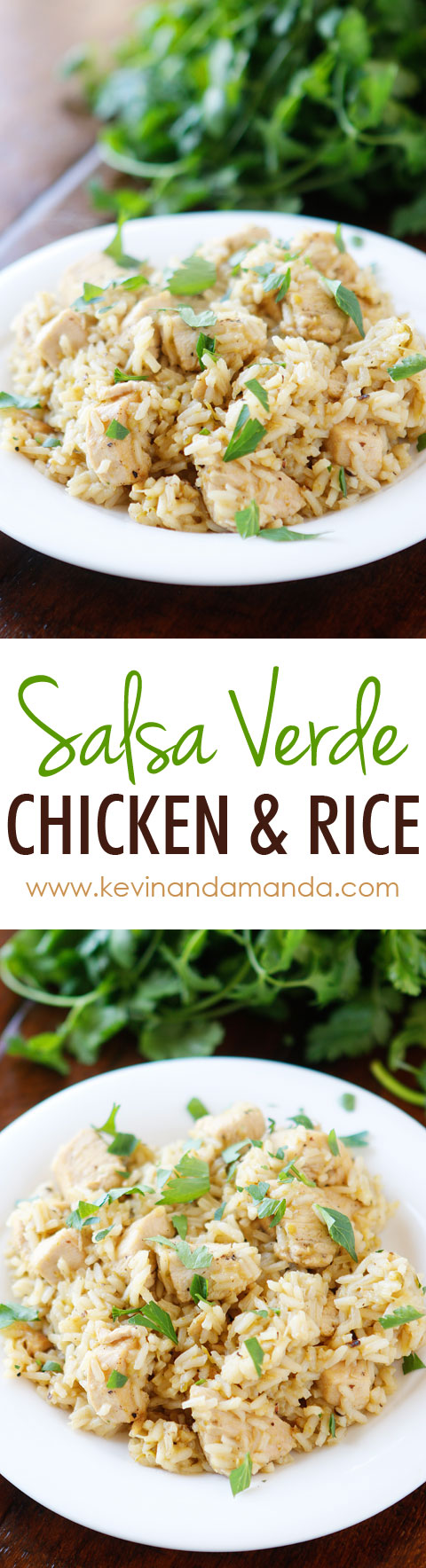 So easy! Only four ingredients. Chicken, rice, salsa verde, and chicken broth (or water). All cooks in one pot, even the rice! Perfect for a quick and easy weeknight meal.