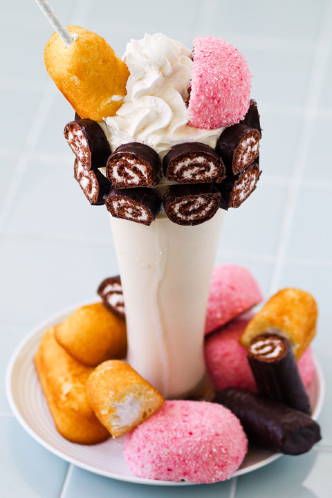 Junk Food Milkshake! Crazy milkshakes are all the hype in NYC, London, and Australia. Now you can skip the flight and 3-4 hour wait in line and make them right at home!! Such a fun idea for a party. MUST try this!!