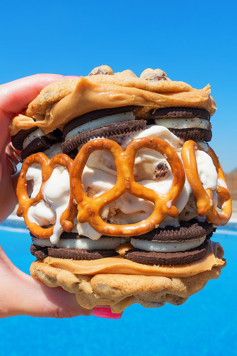 Chocolate Chip Cookie Sandwich with Cookie Dough Ice Cream, Peanut Butter, Oreos, and Pretzels