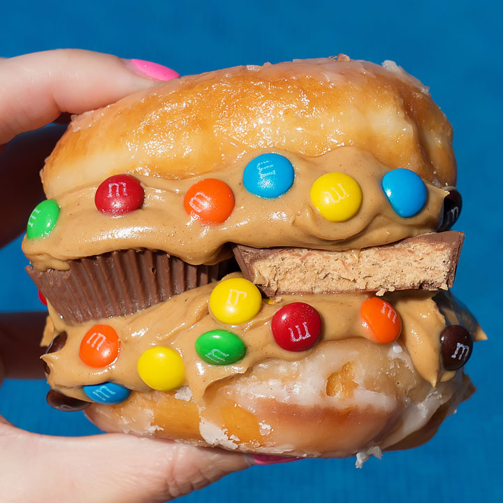 Reese's Peanut Butter Cup and M&M Doughnut Sandwich