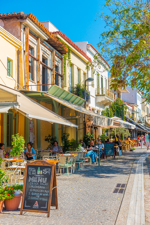 Restaurant street in Monastiraki neighborhood in Athens Greece