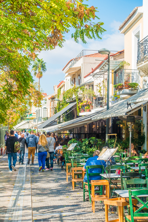Restaurant street in Monastiraki neighborhood in Athens Greece