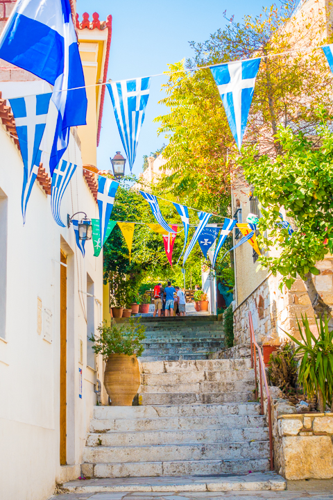 Greek Flags in Plaka neighborhood of Athens Greece