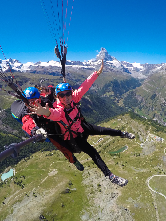 The most amazing, once-in-a-lifetime experience!! Go paragliding with the most breathtaking, jaw-dropping views EVER with the Matterhorn in the background!!! If you are ever anywhere near Switzerland you HAVE to put paragliding in Zermatt on your bucket list!!!! If you mention "Kevin & Amanda" at FlyZermatt.com you'll get a free T-shirt!! They're super cute too!