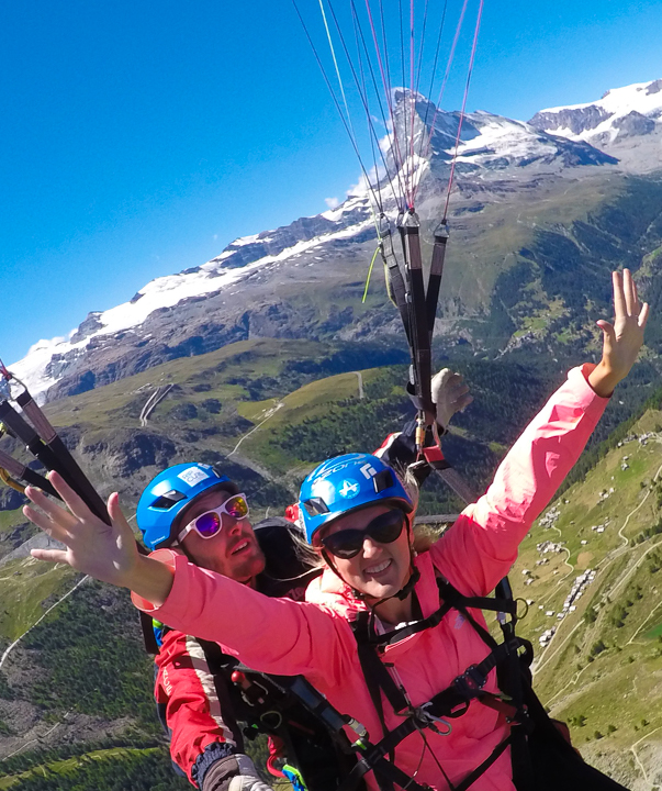 The most amazing, once-in-a-lifetime experience!! Go paragliding with the most breathtaking, jaw-dropping views EVER with the Matterhorn in the background!!! If you are ever anywhere near Switzerland you HAVE to put paragliding in Zermatt on your bucket list!!!! If you mention "Kevin & Amanda" at FlyZermatt.com you'll get a free T-shirt!! They're super cute too!