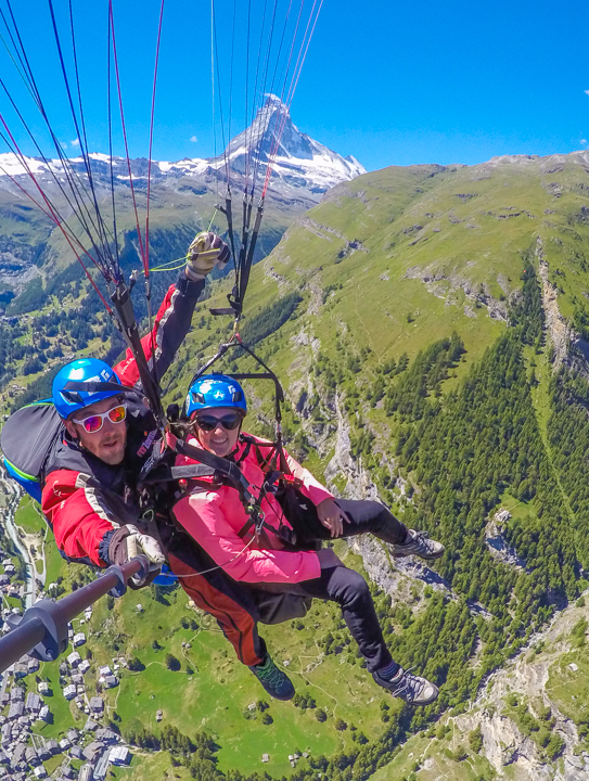 The most amazing, once-in-a-lifetime experience!! Go paragliding with the most breathtaking, jaw-dropping views EVER with the Matterhorn in the background!!! If you are ever anywhere near Switzerland you HAVE to put paragliding in Zermatt on your bucket list!!!! If you mention "Kevin & Amanda" at FlyZermatt.com you'll get a free T-shirt!! They're super cute too!