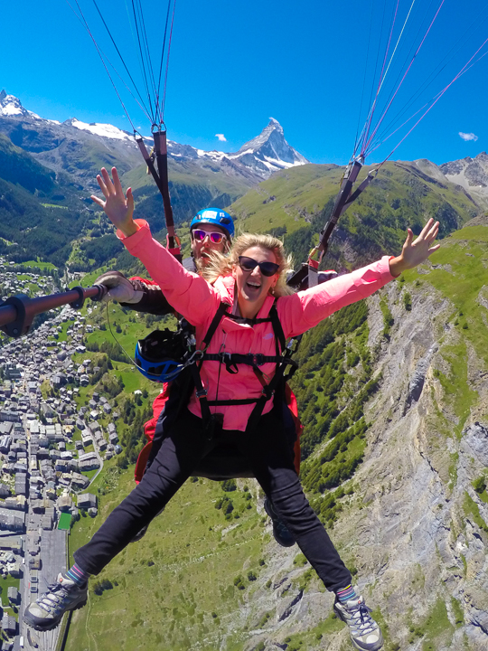 The most amazing, once-in-a-lifetime experience!! Go paragliding with the most breathtaking, jaw-dropping views EVER with the Matterhorn in the background!!! If you are ever anywhere near Switzerland you HAVE to put paragliding in Zermatt on your bucket list!!!! If you mention "Kevin & Amanda" at FlyZermatt.com you'll get a free T-shirt!! They're super cute too!