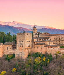 Sunset view of the Alhambra from Mirador San Nicolás in Granada Spain