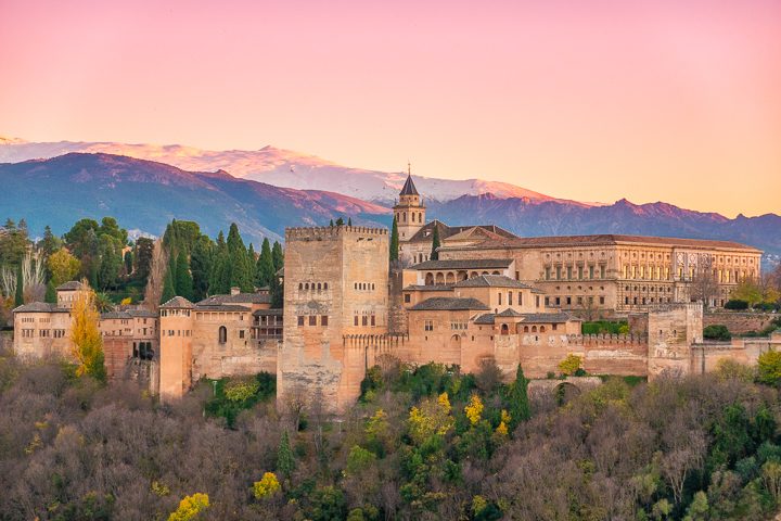 Sunset view of the Alhambra from Mirador San Nicolás in Granada Spain