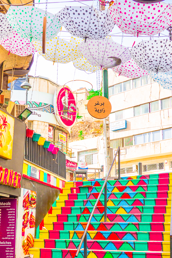 Umbrella street and Rainbow Stairs in Amman Jordan