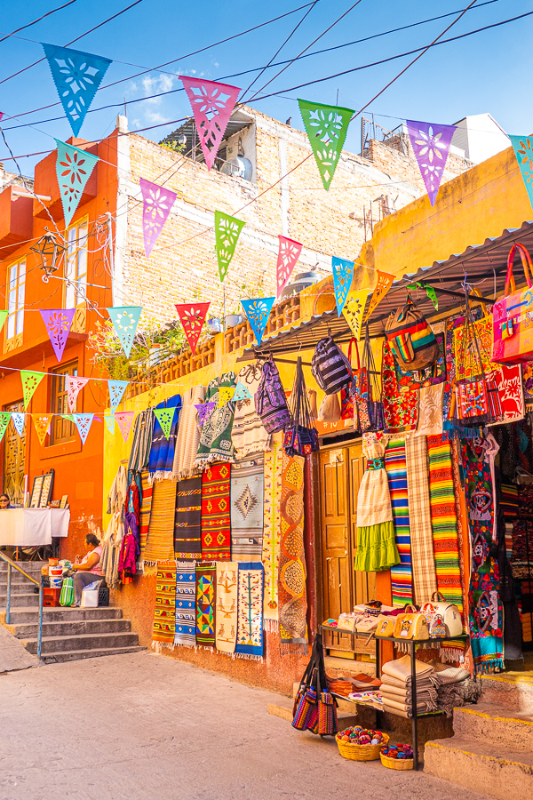 Market with colorful flags in Mexico