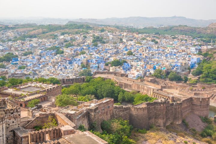 View of all the blue homes in Jodhpur, India.