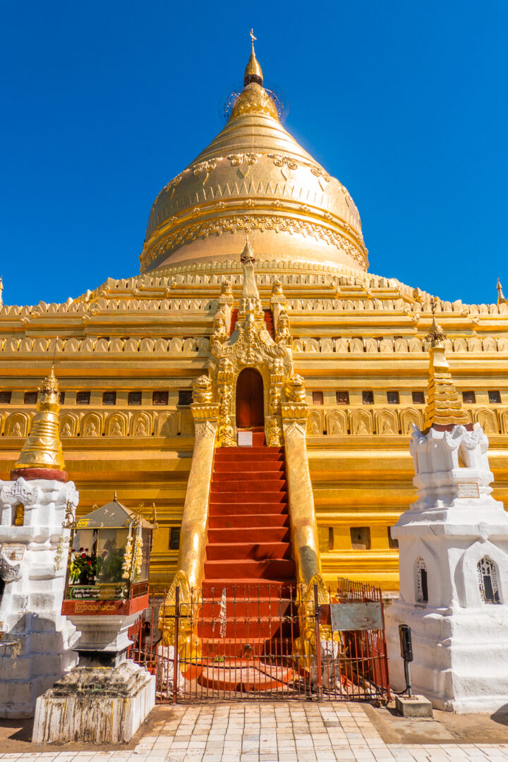 Image from below of the gold plated Shwezigon Pagoda in Bagan, Myanmar.