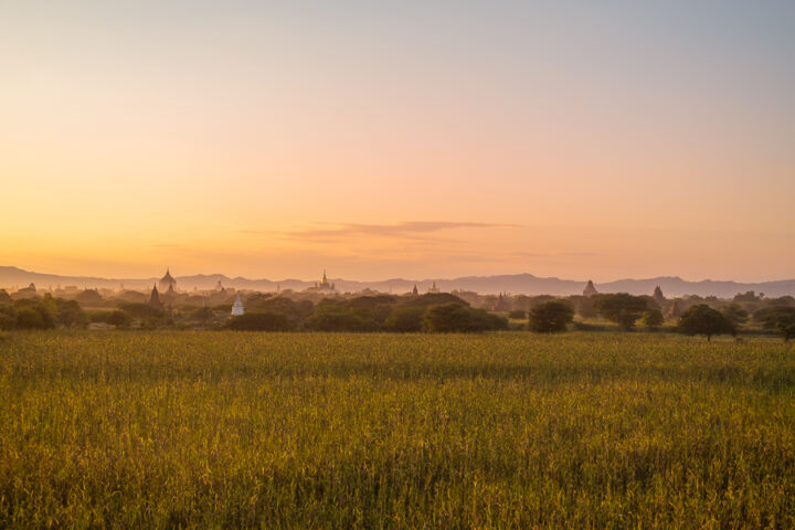 View of the sunset from the Nyaung Lat Phet Sunset Viewpoint in Bagan, Myanmar. 