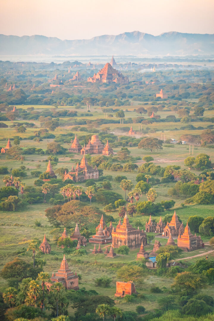 View of the Land of 3000 Pagodas, Bagan Myanmar from hot air balloon. 