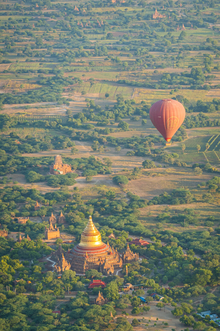 View of the Land of 3000 Pagodas, Bagan Myanmar from hot air balloon. 