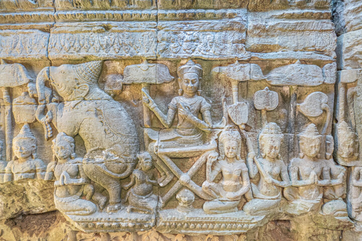 Intricate carvings at Bayon Temple Cambodia