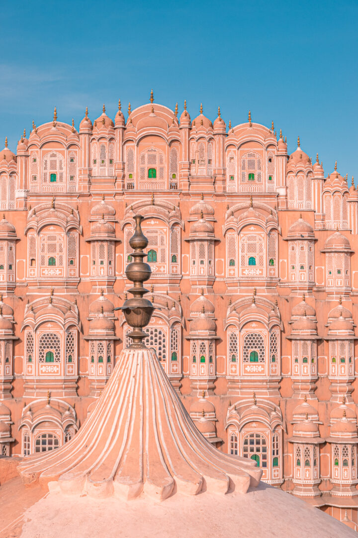 The outside of the Hawa Mahal, or Pink Palace in Jaipur, India