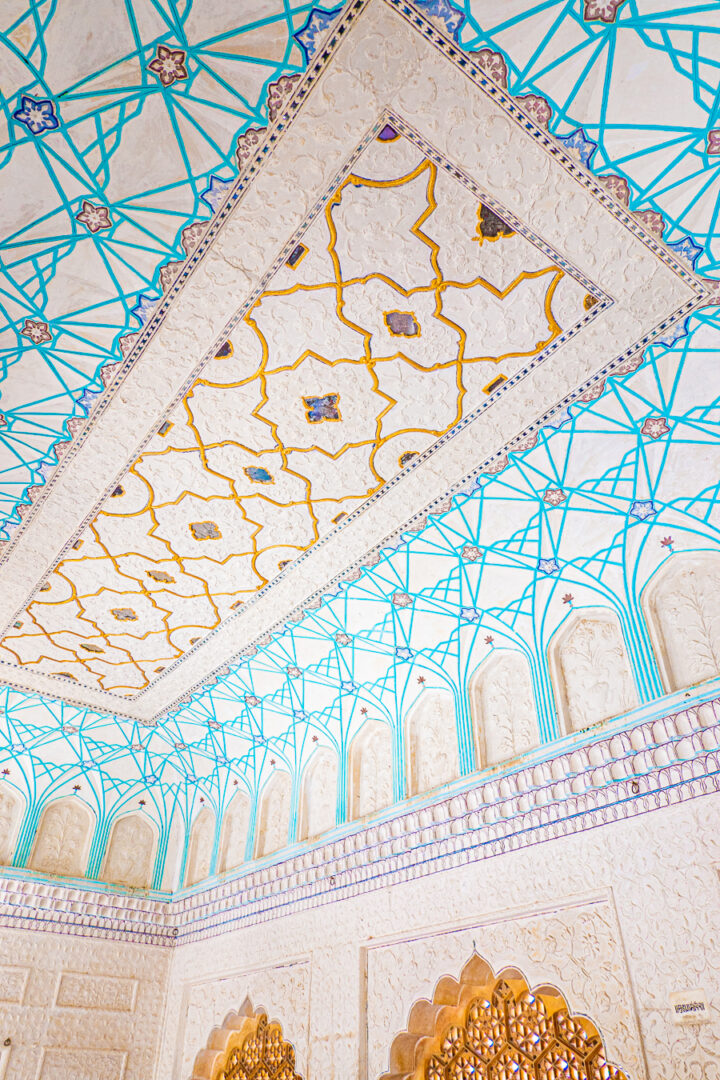 A beautiful blue and white ceiling inside the Amber Palace.