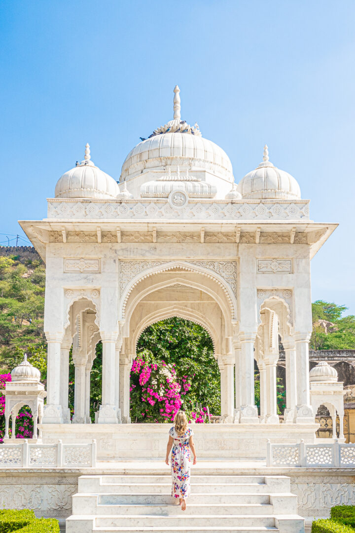 Stairs leading to Pure white marble monuments at The Royal Tombs in Jaipur.