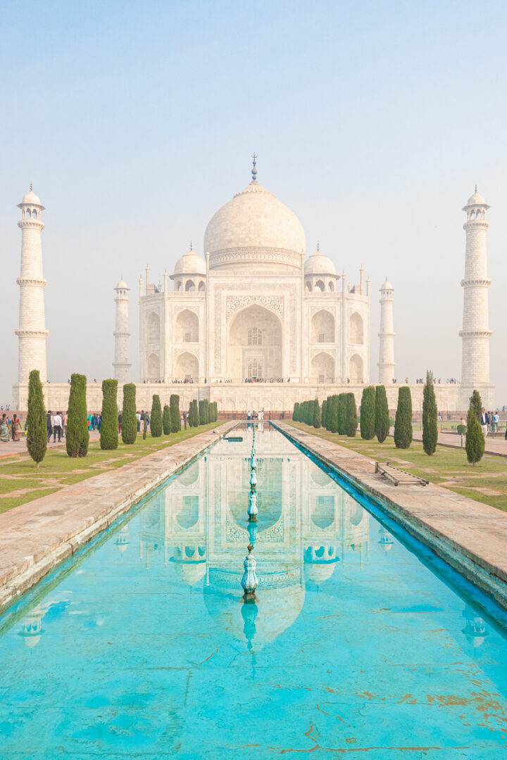 Image of the Taj Mahal from the edge of the reflecting pool.