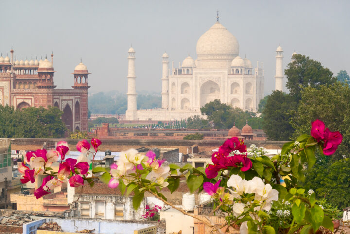 The view of the Taj Mahal from the rooftop restaurant at the Saniya Palace Hotel