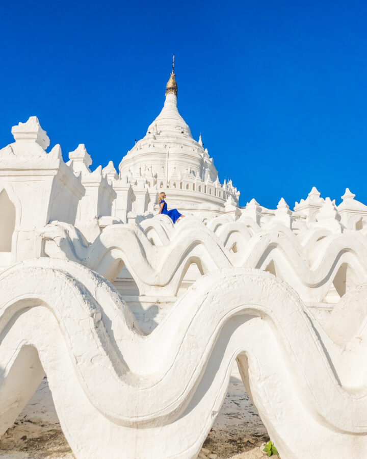 View of the white wave architectural detail at the White Temple in Myanmar. 