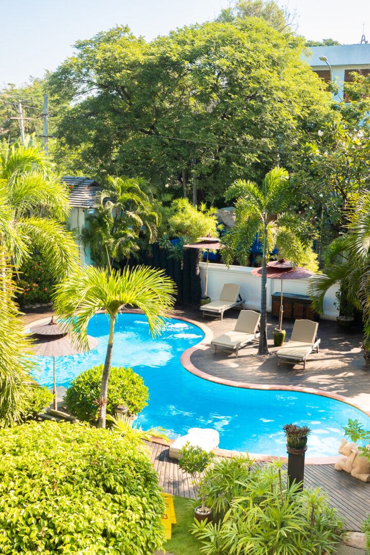 Image of the outdoor accommodations at the Hotel by the Red Canal in Mandalay, Myanmar. 