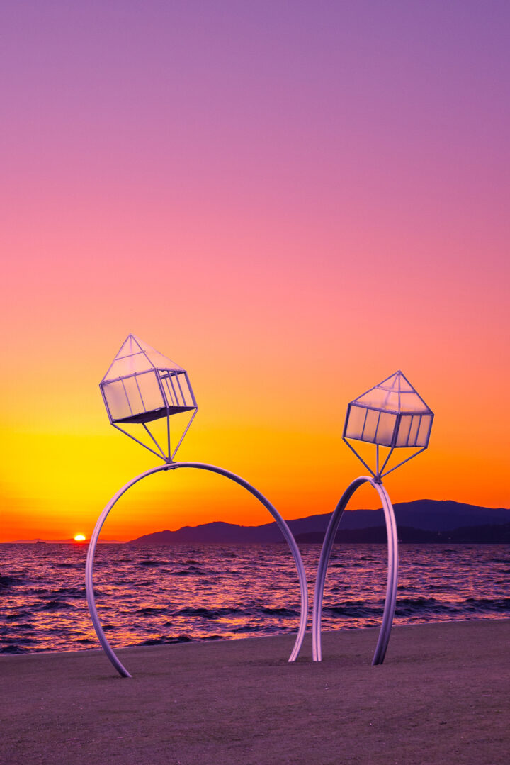 Engagement rings sculpture at sunset