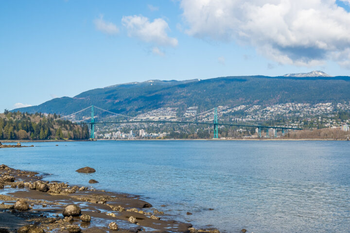 Lions gate bridge with mountains and city in background