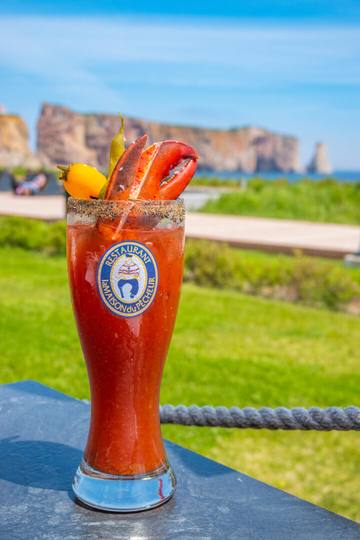 Lobster claw bloody mary in Perce, Quebec