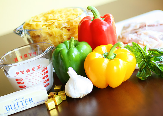 Colorful Chicken Alfredo Farfalle with sweet bell peppers and fresh basil