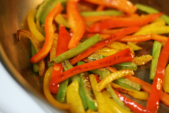 Colorful Chicken Alfredo Farfalle with sweet bell peppers and fresh basil