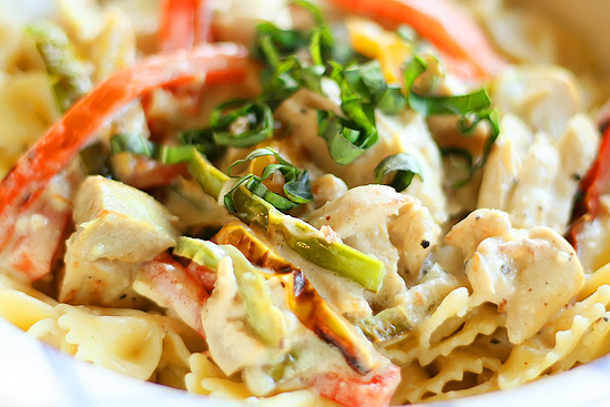 Colorful Chicken Alfredo Farfalle with sweet bell peppers and fresh basil